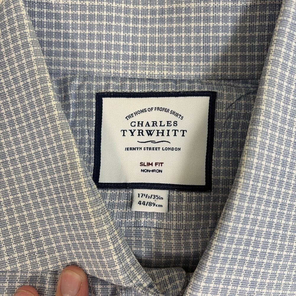 Charles Tyrwhitt Mens Dress Shirt 17.5-35 L Slim Fit Non-Iron Blue White Chrty - Picture 5 of 13